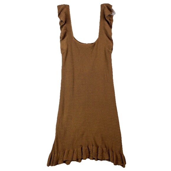 House Of Harlow Knit Dress Large Midi Ruffle Straps Brown Romantic Boho NEW - Picture 9 of 10